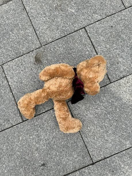 istock A brown plush teddy bear with a dark red ribbon is lying on a grey stone pavement, positioned face down and slightly angled. 2224311347