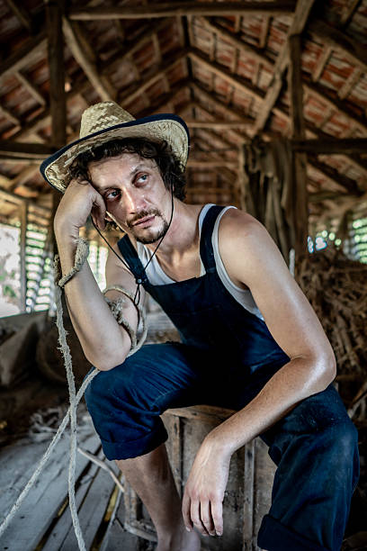 A thoughtful farmer sits in a rustic barn, wearing denim overalls and a straw hat. He leans on a wooden structure, holding a rope, reflecting a moment of rest and introspection.