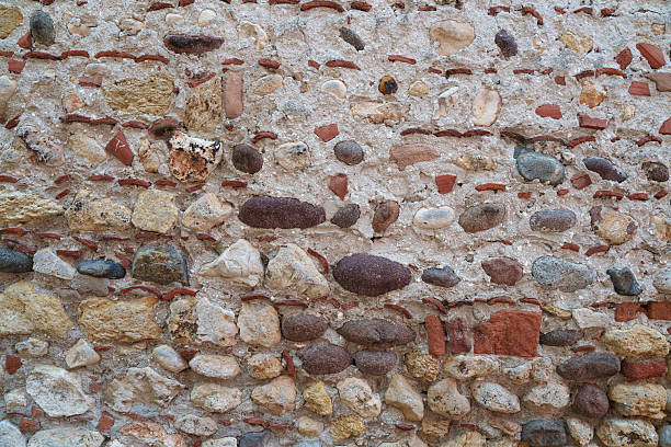 The texture of an old stone wall made up of multi-colored pebbles, stones and fragments of red bricks in lime mortar. Natural shapes, rough surface and natural shades create an authentic atmosphere. Ideal for backgrounds, architectural projects, historical themes, design, or visualizations.