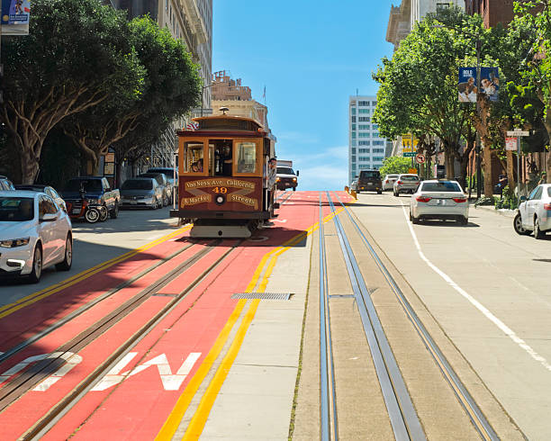 San Francisco California, USA. April 23 2019. A cable car on Van Ness Avenue, a major thoroughfare, historically significant as part of US 101.