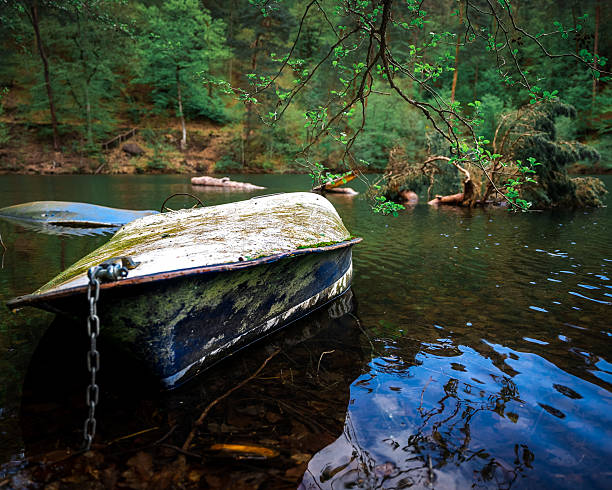 A weathered, moss-covered wooden boat rests partially submerged in a tranquil forest pond. Anchored by a rusty chain, its aged hull reflects on the clear, still water surrounded by lush green foliage. The scene evokes calm, solitude, and the quiet passage of time, making it perfect for nature-themed editorials, environmental projects, and contemplative designs.