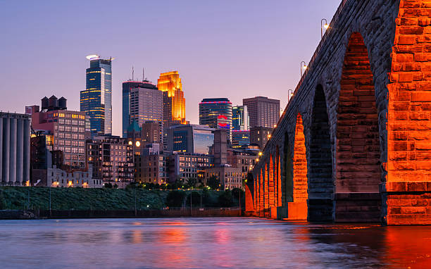 Minneapolis skyline sunset stone arch bridge