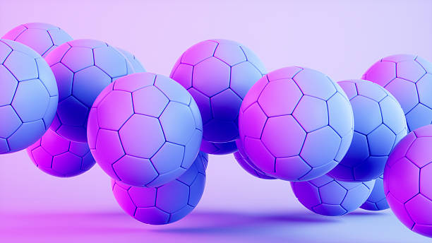 Soccer Balls Flying on Neon Lighting Background. Digitally generated image. 3d render.