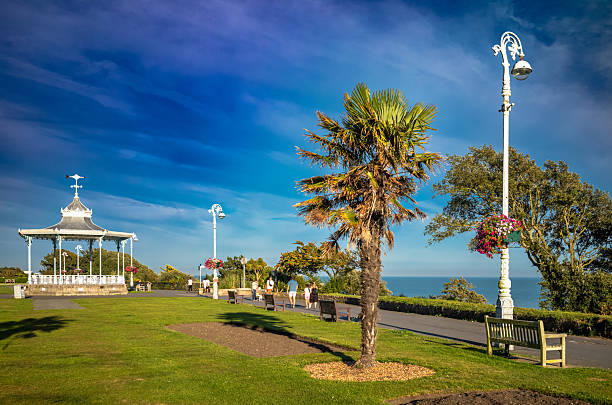 A view of the Leas Bandstand on The Leas clifftop gardens above the beach in Folkestone, Kent, UK.