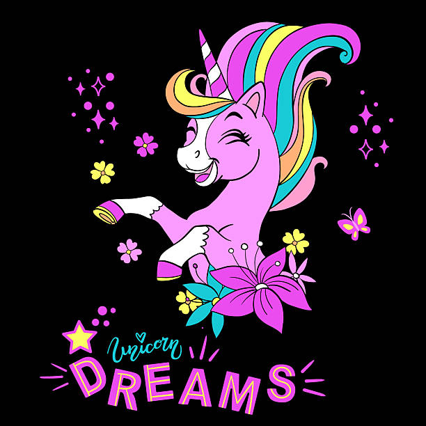 Cute cartoon Unicorn flowers on a black background vector Cute cartoon purple Unicorn with flowers and lettering Unicorn Dreams isolated on a black background. Magic horse character. Vector illustration for print, design, poster, sticker, card, clothesCute cartoon character joyful magic unicorn and lettering Unicorn Magic. Vector illustration isolated on a black background. For print, t shirt design, sticker, poster, cards, decoration, kids clothes disney character free background stock illustrations