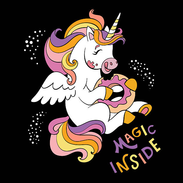Cute cartoon sweet Unicorn with lettering on a black background Cute cartoon sweet tooth Unicorn eating donut and lettering Magic inside isolated on a black background. Magic horse character. Vector illustration for print, design, poster, sticker, card, clothesCute cartoon character joyful magic unicorn and lettering Unicorn Magic. Vector illustration isolated on a black background. For print, t shirt design, sticker, poster, cards, decoration, kids clothes disney character free background stock illustrations