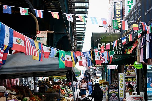 International Flags Over Queens Street Market stock photo