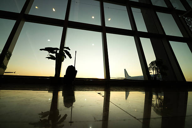 A lone traveler stands at a large airport window, watching airplanes on the runway as golden light fills the terminal.