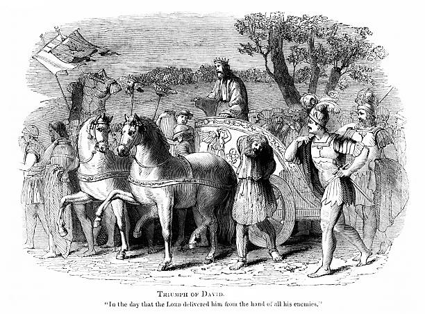 The Hebrew people celebrate King David's victories. Old Testament. Illustration published 1838. Original edition is from my own archives. Copyright has expired and is in Public Domain.