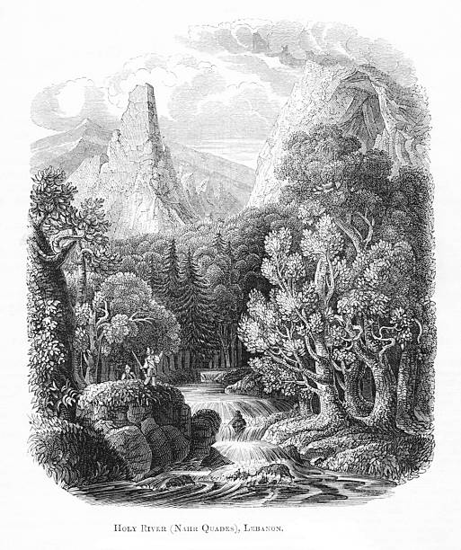 Holy River, Nahr Qadisha River, Lebanon. Middle Eastern history and geography. Illustration published 1838. Copyright expired; artwork is in Public Domain.