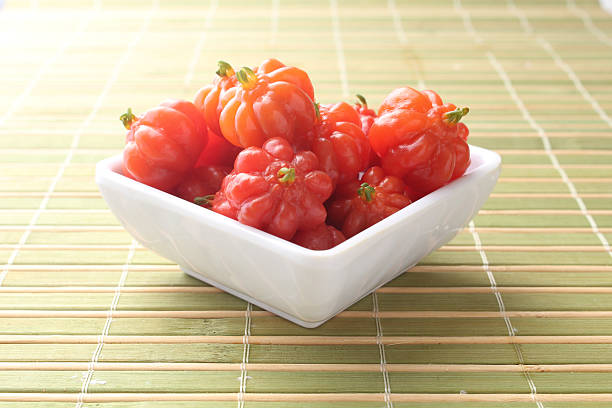 Blue Bucket of Fresh-Picked Ripe Red Cherries, Overhead