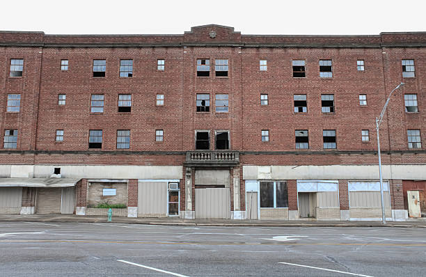 The front facade of an abandoned hotel building in Muskogee, Oklahoma