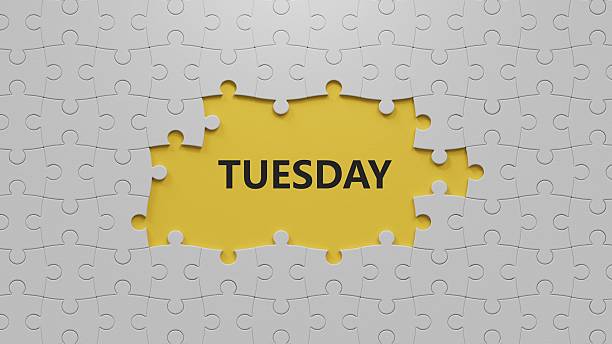 istock Tuesday.The white puzzle pieces with missing pieces spelling.Flat lay view with The white puzzle pieces with missing pieces buttons.IT technology concept.3D rendering on yellow background. 2224398491