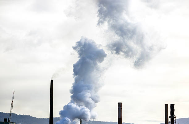 Factory chimneys spewing pollution into the sky smoke rising pollutants in the air golden color