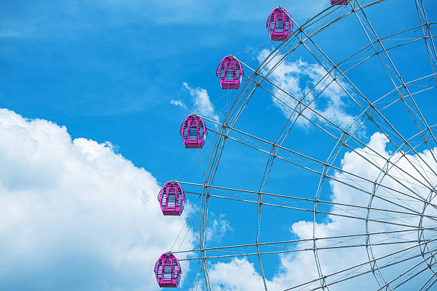 Close-up of Ferris wheel under blue sky
