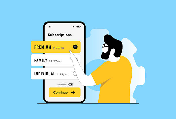 stockillustraties, clipart, cartoons en iconen met subscription management ui with premium plan selected on mobile screen, showing credit card payment, pricing options and purchase button. fintech app subscription management interface illustration - abonnement