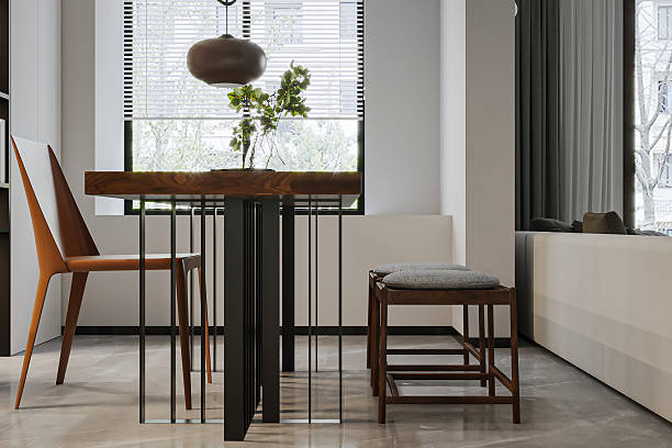 istock Stylish Dining & Storage Modern Wooden Table and Integrated Wall Shelves 2224417983