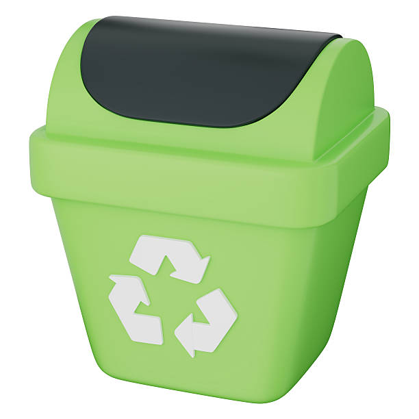istock Green recycle bin with lid and white symbol, eco trash container for waste management 2224421115