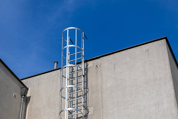 istock Tall silver industrial caged access ladder firmly attached to a plain grey concrete building wall, representing safety, emergency exit, and rooftop access solutions 2224424011