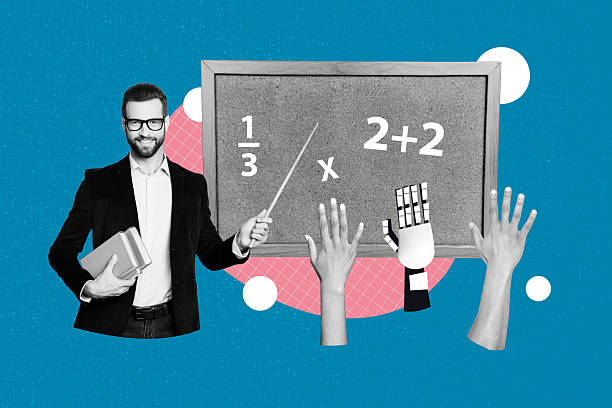 istock Image full pop trend collage of happy academic man teacher hold pointer board math subject hands pupil robot arm ai innovation 2224429093