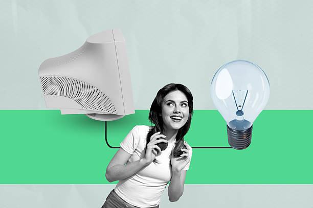 istock Trend composite template 3D photo collage of virtual vintage technology online computer monitor young lady wear headphones smile idea lamp 2224429792
