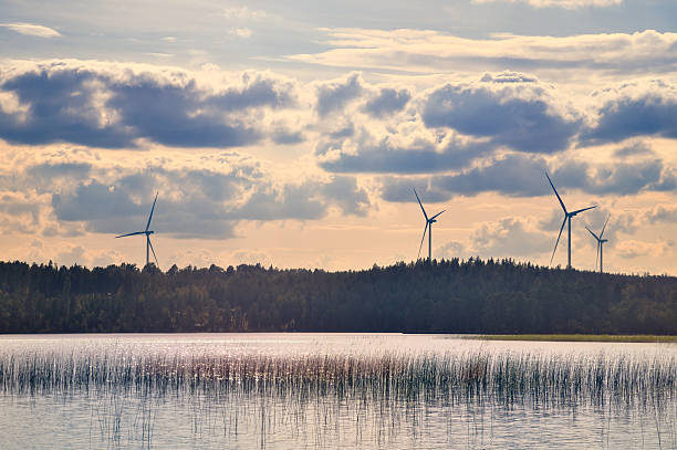 istock Lake with reflective surface, wind turbines in the background, cloudy sky. 2224437248