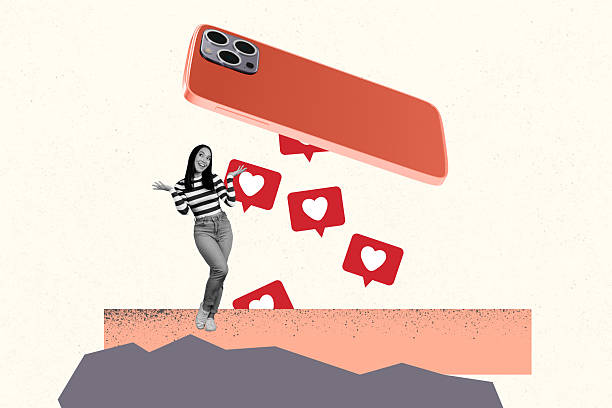 istock 3D collage design composite trend artwork sketch of smartphone app click online notification repost like fall young lady stand smile 2224437294