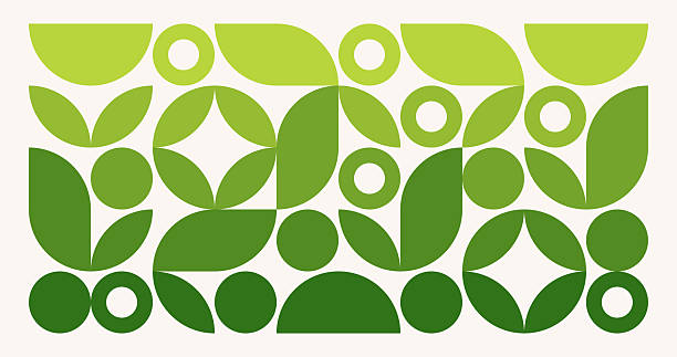Geometric Green Eco Pattern in mid-century modern style with Leaf and Circle elements of Scandinavian minimalism. Swiss summer Poster with simple shapes on white background. Vector Eps10