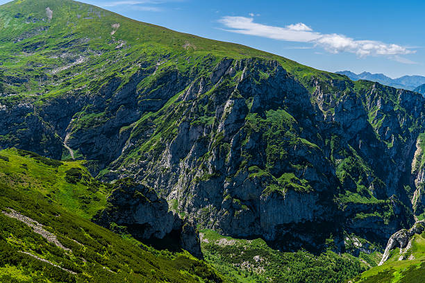 Tall rocky cliffs covered with green vegetation and surrounded by rolling hills under a clear blue sky in Zakopane, Poland, seen from a high elevation viewpoint.