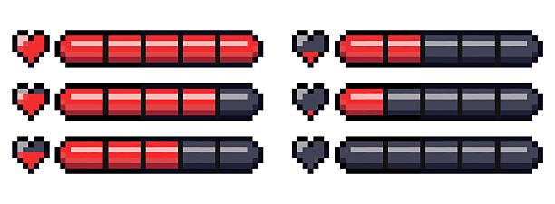 Pixel art style retro game life bar with heart isolated on transparent background. Collection of 8-bit progress bar for video game assets. Vector illustration.