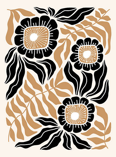 Vector flat Illustration inspired by Henri Fauvist Styles cut out style with monochrome abstract flowers and leaves, hand drawn and arranged on a white background.
