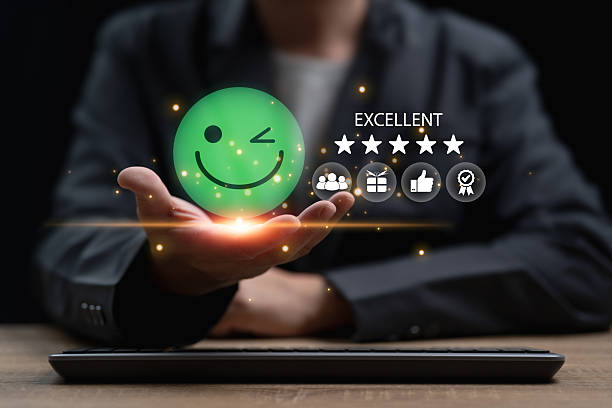 istock Customer satisfaction with the product, Users Rate Service Experiences, Businessman shows feedback smile face icon, Top score satisfaction, Quality, Best service, Digital experience online management 2224447097