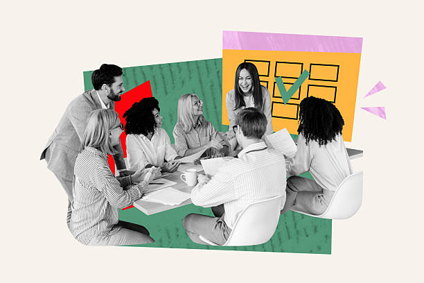 istock Template collage design trend 3D sketch of company business analytics workshop collaboration teamwork young lady man discussion project 2224447921