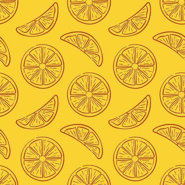 Seamless pattern with lemon slices on yellow background in line art style. Perfect for delivery food packaging, kitchen wallpaper, summer design project.