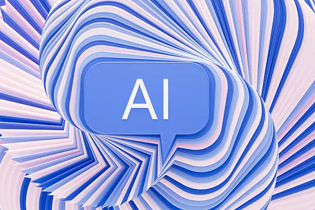 Photo of AI Text on Speech Bubble with Layered and Twisted Pattern, Artificial Intelligence Technology Background