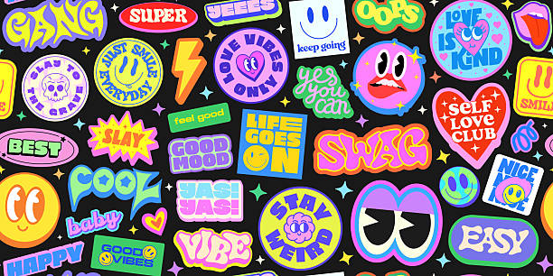 Cool Groovy Stickers Collage Seamless Pattern. Y2k Pop Art Funny Background With Cute Patches. Funky Retro Illustration Comic Characters.