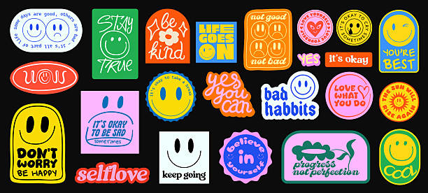 stockillustraties, clipart, cartoons en iconen met cool hand-drawn stickers vector design. optimistic cute groovy patches funny pop art illustration. - sticker