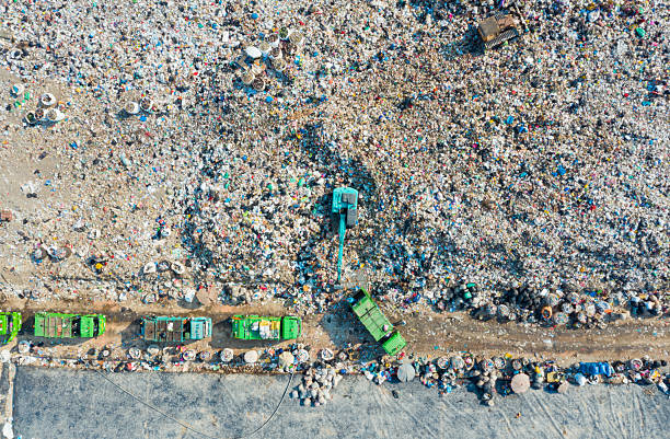 istock Top-down image of dump site with excavator and garbage management 2224467656