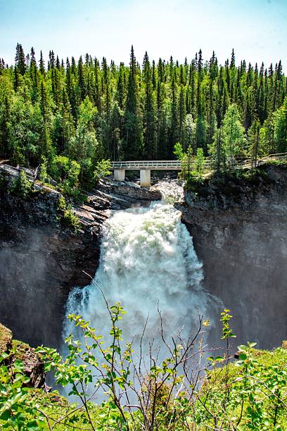 istock Majestic waterfall under a bridge in lush forest. 2224473556