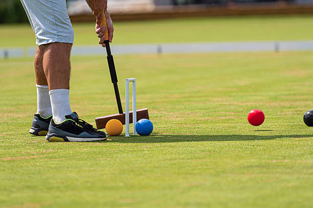 istock Croquet player striking ball on a sunny day at a well-kept lawn 2224476373