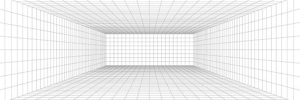 Grid background 3D room with line patterns and spatial wireframe design. Cube and box elements shape a black digital game space. Vector dimension with futuristic texture. Grid background 3D room with line patterns and spatial wireframe design. Cube and box elements shape a black digital game space. box plot graph stock illustrations