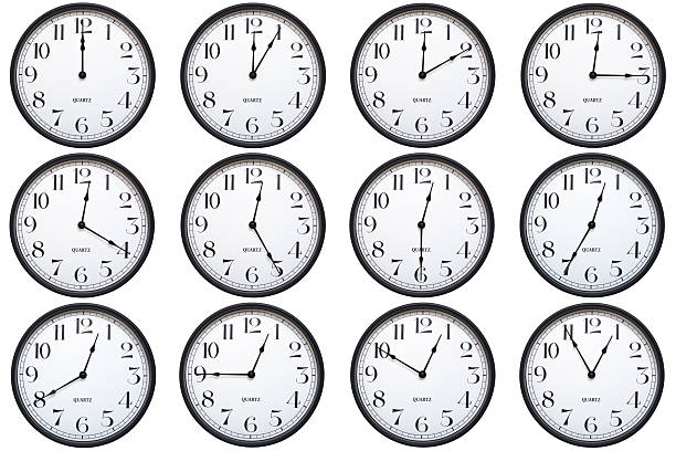 istock A set of 12analog wall clocks with black frames and bold numbers, each showing a different hour from 00:00 to 00:55 or 12:00 to 12:55. Perfect for time related infographics. 2224478589