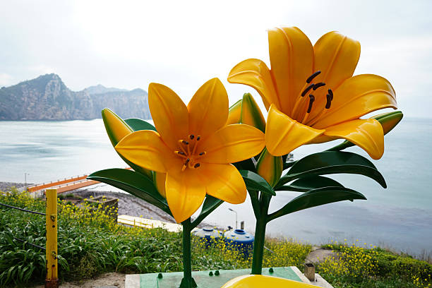 Vibrant Yellow Daylily Sculptures with Coastal Mountain Scenery