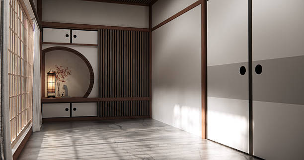 istock Circle shelf wall and decoration lamp on empty room japanese traditional.3D rendering 2224493447