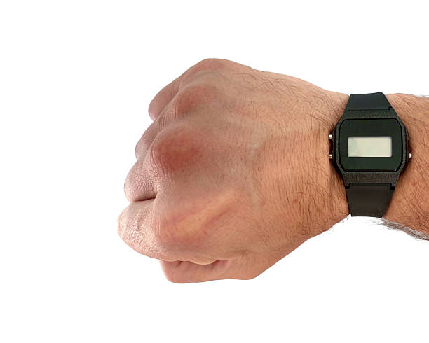 Male Hand Black Wrist Watch on White Background
