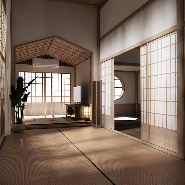 istock Tatami mat floor, room japanese traditional style. 3D rendering 2224495075