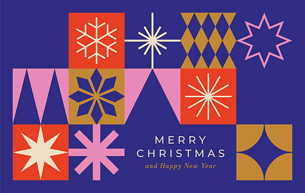 Modern Christmas, Holiday background with abstract geometric snowflakes, Christmas tree, gift box and patterns. Contemporary geometric Christmas card.