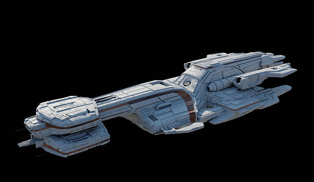 istock Large Battle Cruiser Spaceship with White and Orange Colour Scheme Isolated on a Black Background - Side View 2224499662
