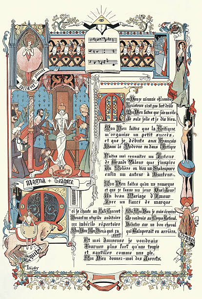 istock Cartoon, Queen sitting on throne courted by princess, The Divine Crosses, Les Crois Diuotious, part II, Vintage illustration, 19th Century, French, 1890s 2224502126