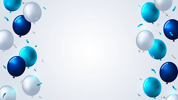 istock light blue, blue and white balloons with falling confetti in white and grey background template for birthday, celebration, graduation, anniversary events or business 2224509030